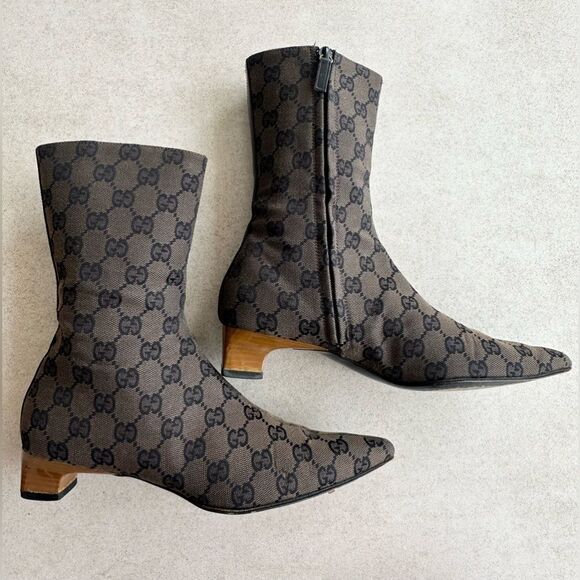 Gucci Vintage 90'S Brown GG Monogram Canvas Boots Wood Heels US 6B - Picture 13 of 16